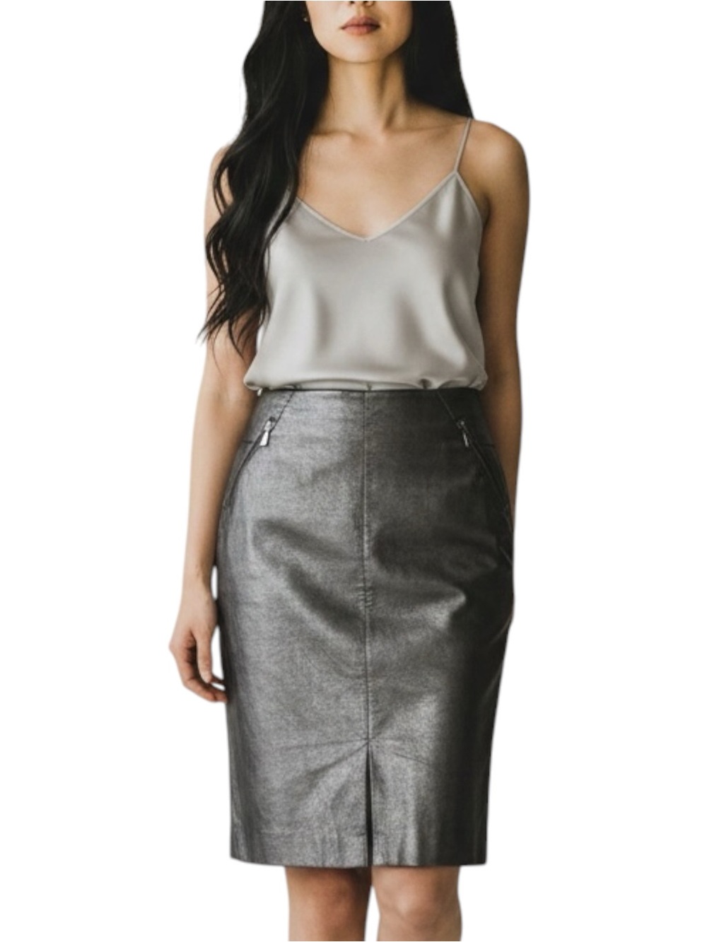 WORTH Gray Metallic Vegan Leather Skirt NWOT Size 4 Luxury Designer